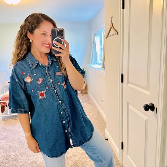 Vintage Quizz Blue July 4th Eagle Patriotic American Flag Denim Top 22/24 - Picture 1 of 10